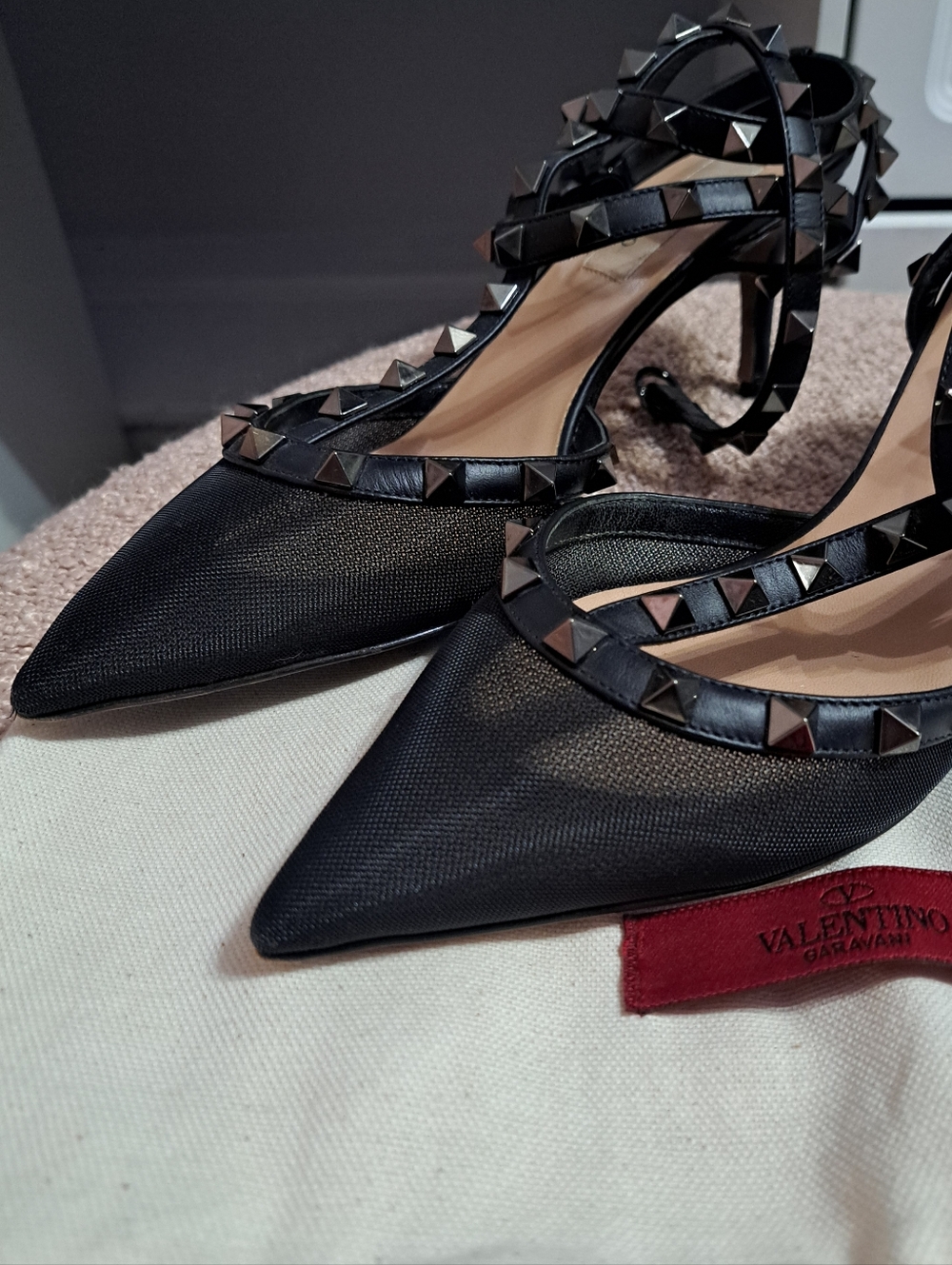 Valentino Black Studded Pointed Mesh Ankle-Strap Heels